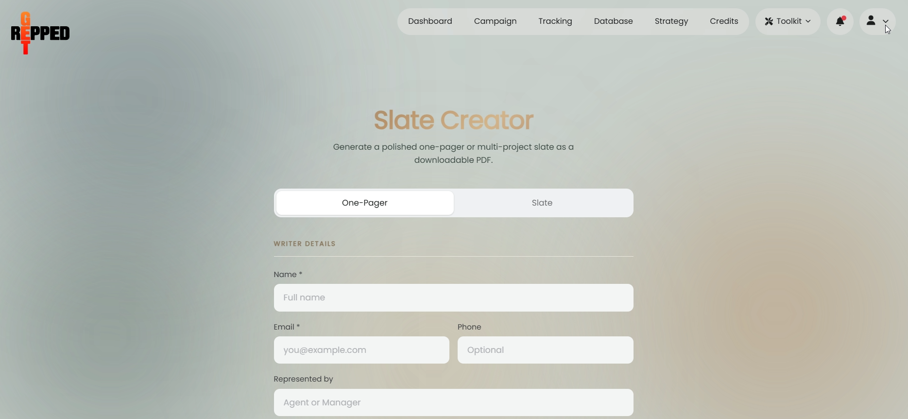 Use our free tools to create high end slates and one-pagers